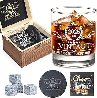 Retirement Gifts for Men Whiskey Glass Set - The Legend Has Retired 2025 - Retirement Party Decorations, Supplies - Gifts Ideas for Him, Dad, Husband, Friends - Wood Box & Whiskey Stones & Coaster
