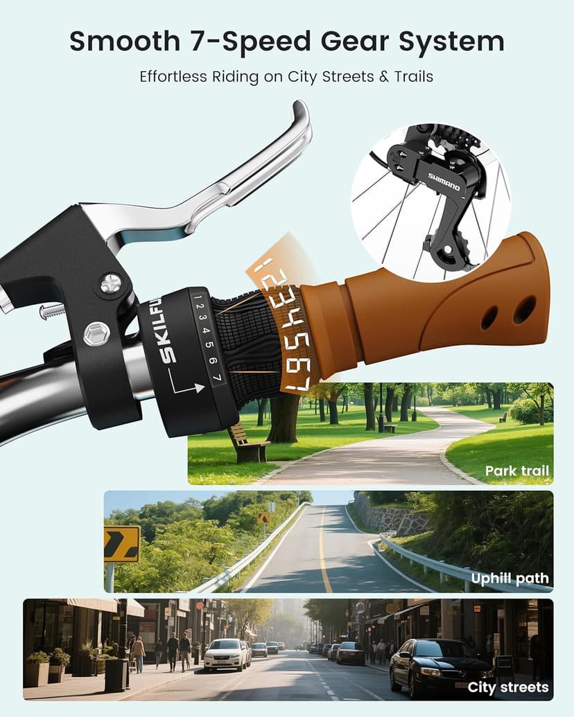 MOONCOOL Womens Bike 7 Speed, 24 26 inch Beach Cruiser Bikes for Women, Step Through Adult Bicycle with Front Basket for City Commuting