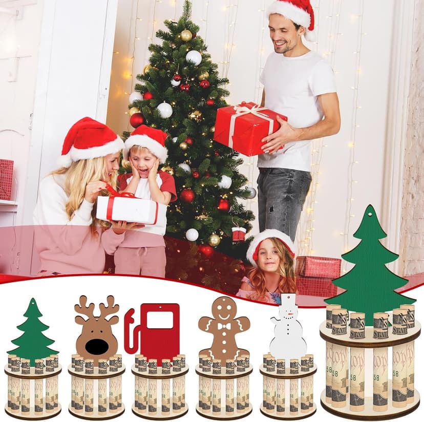 Kigley 5 Pieces Christmas Money Holder Ornaments with 10 Holes Handmade Wooden Christmas Cash Holders, Money Holder Xmas Ornaments Holiday Table Decorations(Assorted Style)