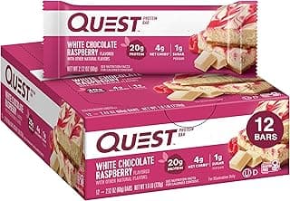 Quest Nutrition White Chocolate Raspberry Protein Bars, 20g Protein, 1g Sugar, 5g Net Carb, High Fiber, Gluten Free, Keto Friendly, 12 Count
