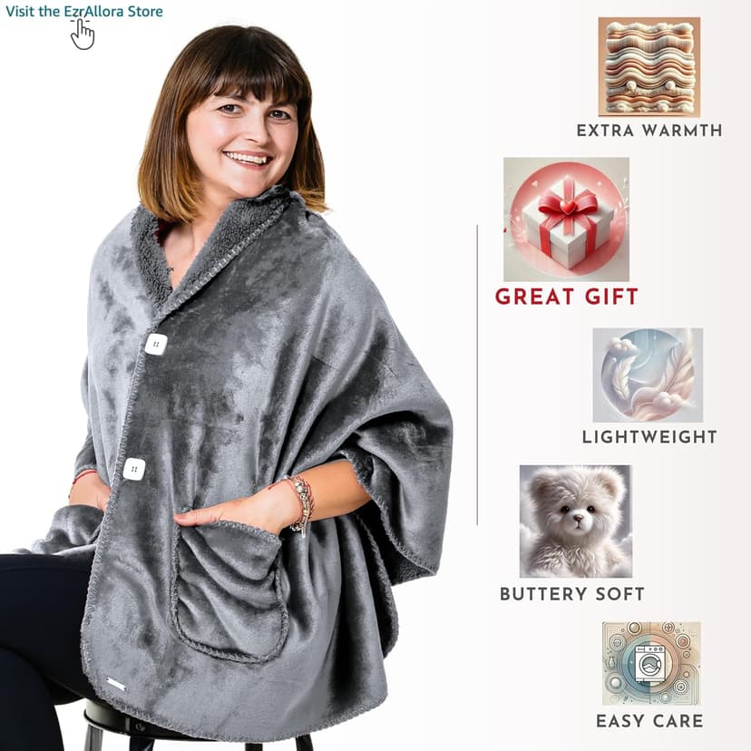 Premium Double Layer Poncho Blanket -No Sleeves Easy On Easy Off- Drape and Go Shawl Gift for Women Who Have Everything - Gifts for Grandma and Mom (Silver Grey)