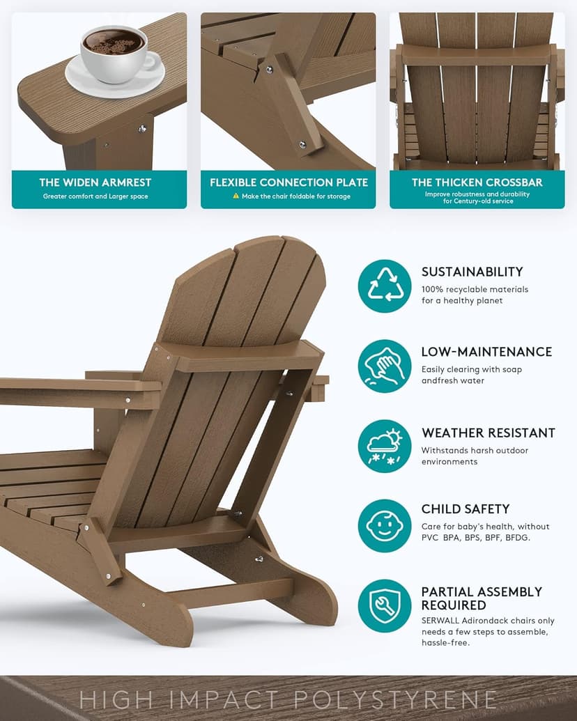 SERWALL Folding Adirondack Chair Set of 2 Outdoor Chairs Painted Adirondack Chair with Cup Holder Weather Resistant for Patio Deck Garden, Backyard Deck, Fire Pit- Brown