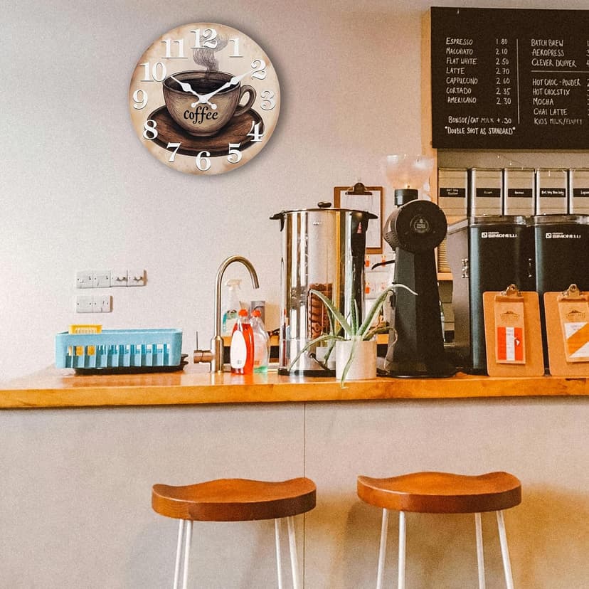 Keepcross Kitchen Wall Clock Coffee Cup Theme Rustic Modern Farmhouse Decor Glass Clock for Kitchen, Coffee Bar, Cafe - 8 Inch, Brown