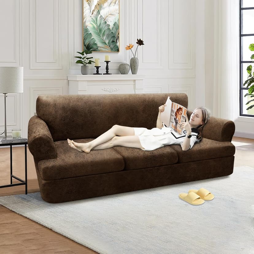 Pfrstuv 4-Piece T Couch Cover - Leather Look Slipcovers for 3 Cushion Sofa, Brown