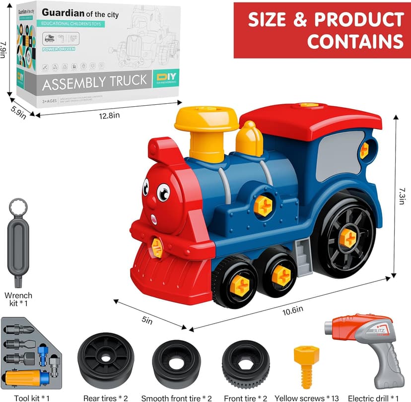 BASUN Toddler Take Apart Toy Set with Electric Drill, DIY Electric Train Assembly, STEM Building Learning Toys, Xmas Gifts for 3-8 Year Old Boys & Girls