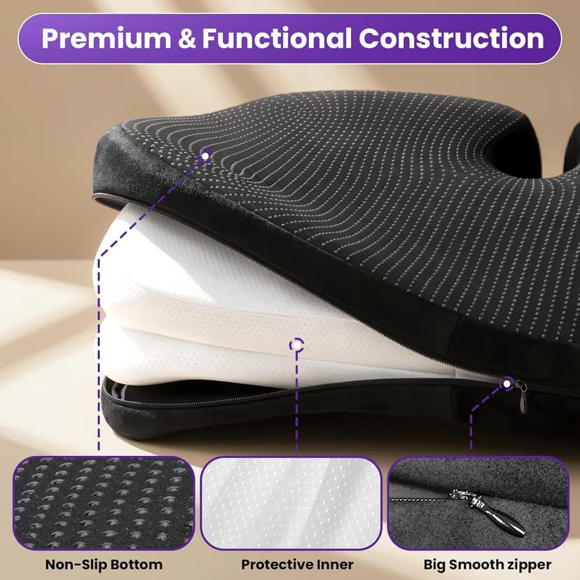 ZZ-WELL Seat Cushions for Office Chairs - Patented Coccyx Cushion for Tailbone Pain - 21.2" W x 16.5" L Memory Foam Extra Large Seat Cushion, Removable & Machine Washable Cover (Black)