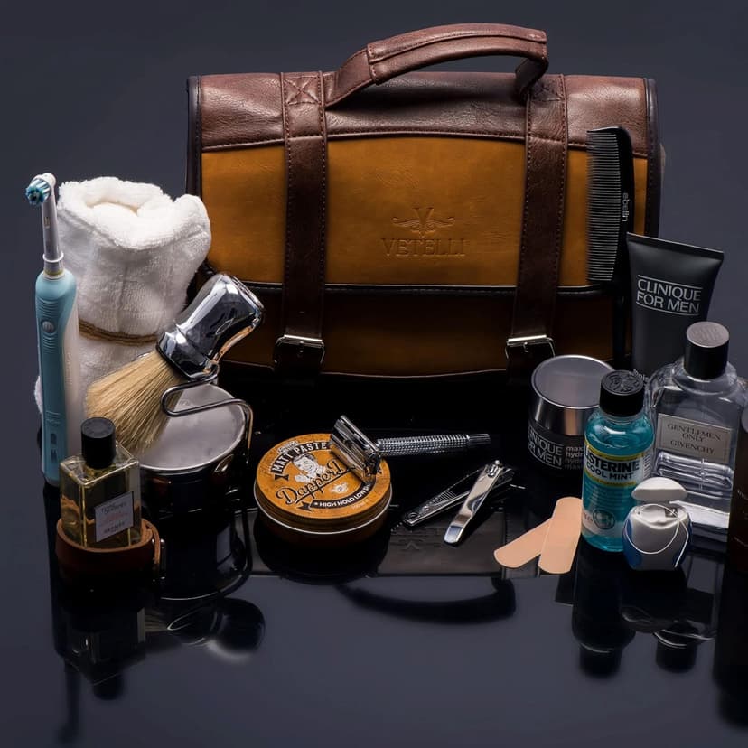 Vetelli Leather Toiletry Bag for Men - Water Resistant, 2 Zippered Internal Pockets, 2 Snap-Fastened Internal Pockets, and Hanging Hook.