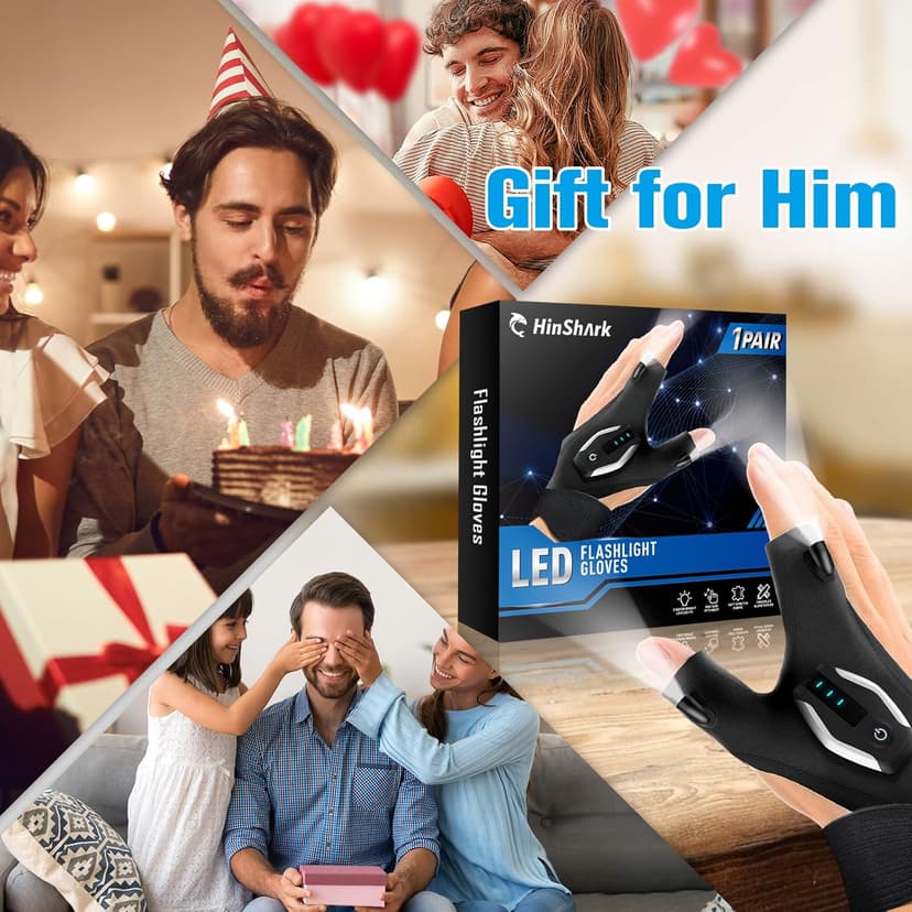 Stocking Stuffers Gifts for Men LED Flashlight Gloves, Mens Gifts for Christmas Anniversary Birthday Gifts for Men Dad Husband Him Husband, Camping Essentials Cool Gadgets Tools for Fishing Repairing