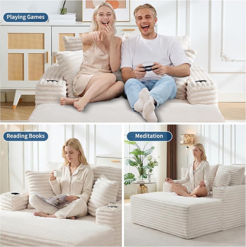 IDEALHOUSE 64" Oversized Chaise Lounge Chair Indoor, Upholstered Boneless Sofa Bed with Throw Pillows, Cup Holders and Armrests, Comfy Corduroy Sleeper Couch for Living Room, Bedroom, Office (Beige)