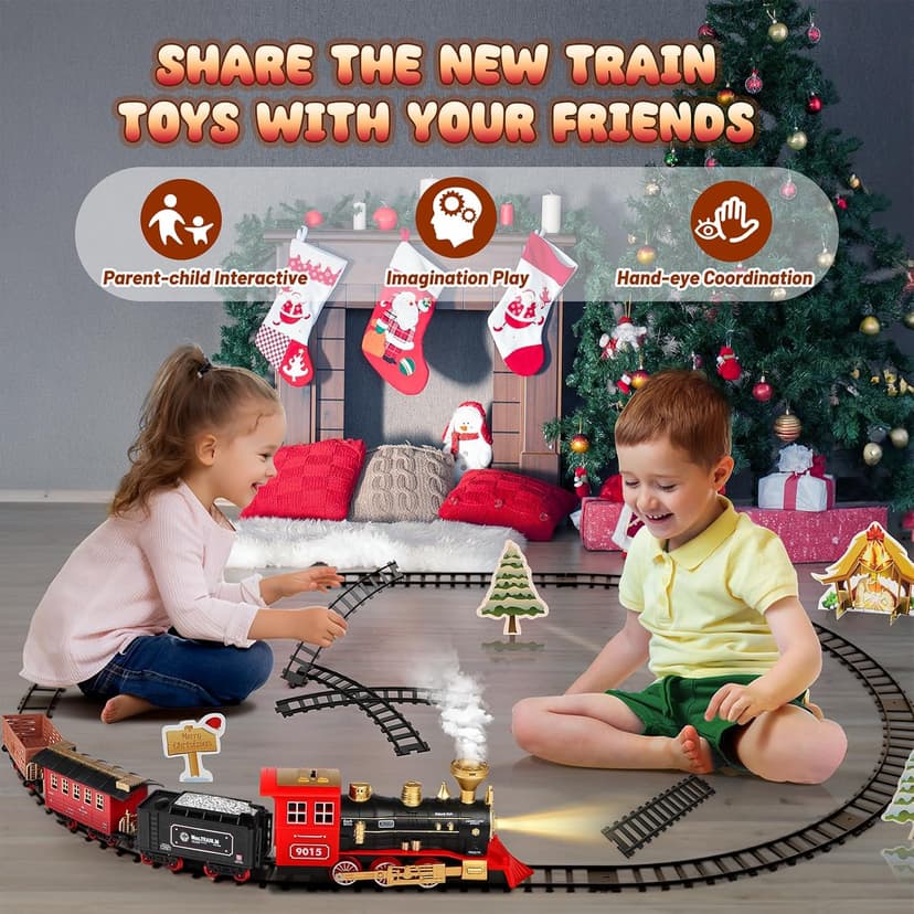 Hot Bee Train Set - Train Toys for Boys with Smokes, Lights and Sound, Toy Train Set for Under Christmas Tree, Toddler Model Trains for 3 4 5 6 7 8+ Years Old Kids Christmas Toys Gifts