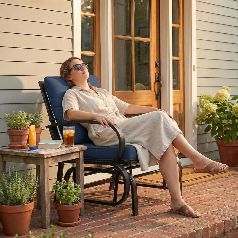 Outsunny Patio Glider, Outdoor Glider Chair with Cushions, Steel Frame, Curved Armrests, Single Gliding Chair for Yard, Porch, Garden, Poolside, Dark Blue