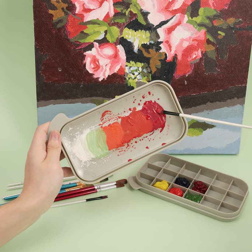 18 mixing wells, 16 slots fitting 0.24-0.63 in diameters, 3 washing compartments, removable tray lid MyLifeUNIT Paint Brush Cleaner, Paint Brush Holder with Palette, Grey B01H5JIU14