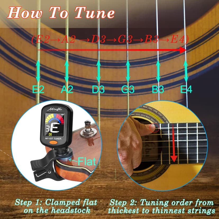 MOREYES Rechargeable Guitar Tuner Clip On with 28Pcs Guitar Picks, Guitar Tuner for Acoustic Guitar, Electric Guitar, Bass, Ukulele & Chromatic Tuning Modes, Full Color Display