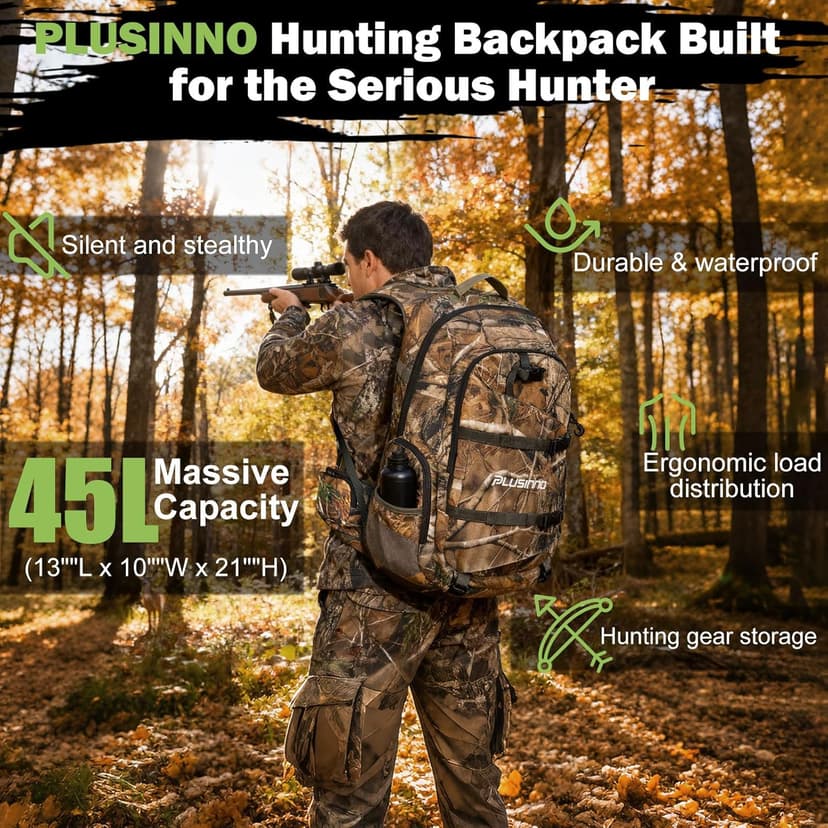 PLUSINNO Hunting Backpack for Hunting Essentials, 45L Waterproof Hunting Gear with Rain Cover, & Padded Scabbard Carry System For Deer Hunt Accessories, Hunt Gift For Men