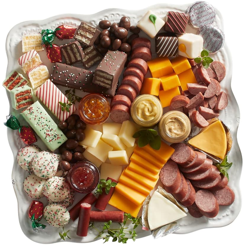 The Swiss Colony 27 Favorites Food Gift Set, Summer Sausage Meats and Cheeses, Assorted Chocolates, Candies, Petits Fours, Cheese & Charcuterie Board Gifts Basket, Holiday, Christmas - Holiday Red Box
