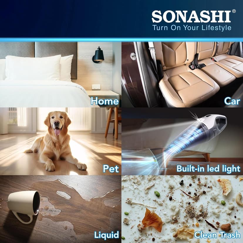 Sonashi Handheld Wet Dry Vacuum Cleaner 6000PA Suction, Dual HEPA Filters, Quick USB Charging - Portable for Automobile and Home Cleaning LED Light Portable Vacuum Cordless
