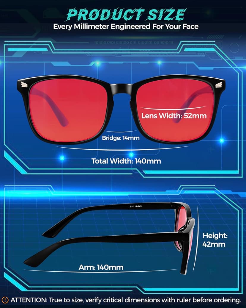 2 Packs Professional Sleep Glasses with 99.9% Blue Light Blocking Dual AR Coatings Red Lens, Computer Gaming Glasses for Men Women, Anti Fatigue & Eye Strain