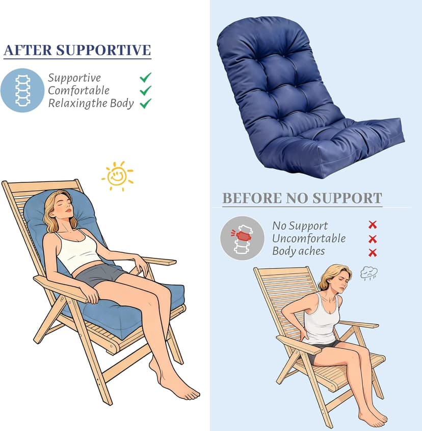 Rocking Chair Cushion Adirondack Chair Cushions with Non-Slip Ties, High Back Patio Chair Cushions,Fade-Resistant & Waterproof,Indoor/Outdoor Rocking Chair Pad for Living Room, Deck, Blue