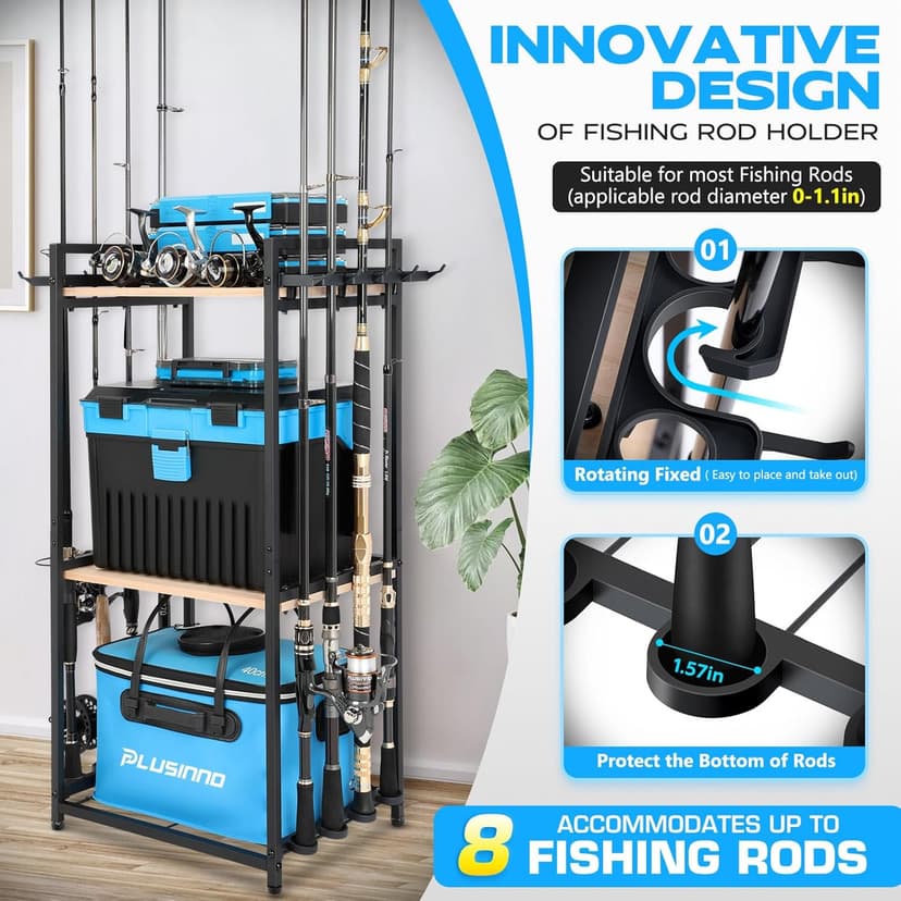 PLUSINNO 3 Tier Fishing Rod Holder, Fishing Pole Holders for Garage, Fishing Rod Rack Fishing Rod Storage Up to 8 Rods, Fishing Gear Tackle Box Fishing Equipment Organizers, Fishing Gifts for Men
