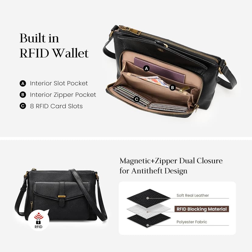 befen Genuine Leather Crossbody Bags for Women Soft Small Leather Purse with Built in RFID Wallet Trendy Shoulder Handbags