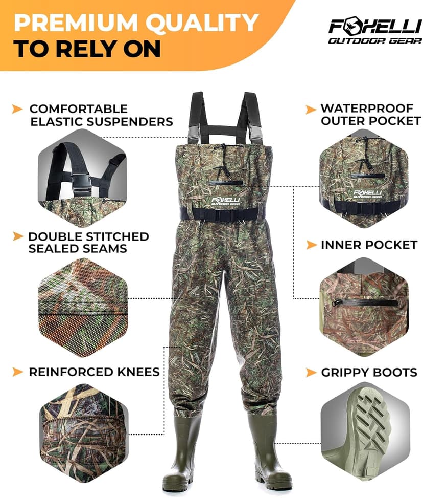 Foxelli Chest Waders – Waterproof 2-ply Nylon/PVC Camo Hunting Fishing Waders for Men and Women with Boots