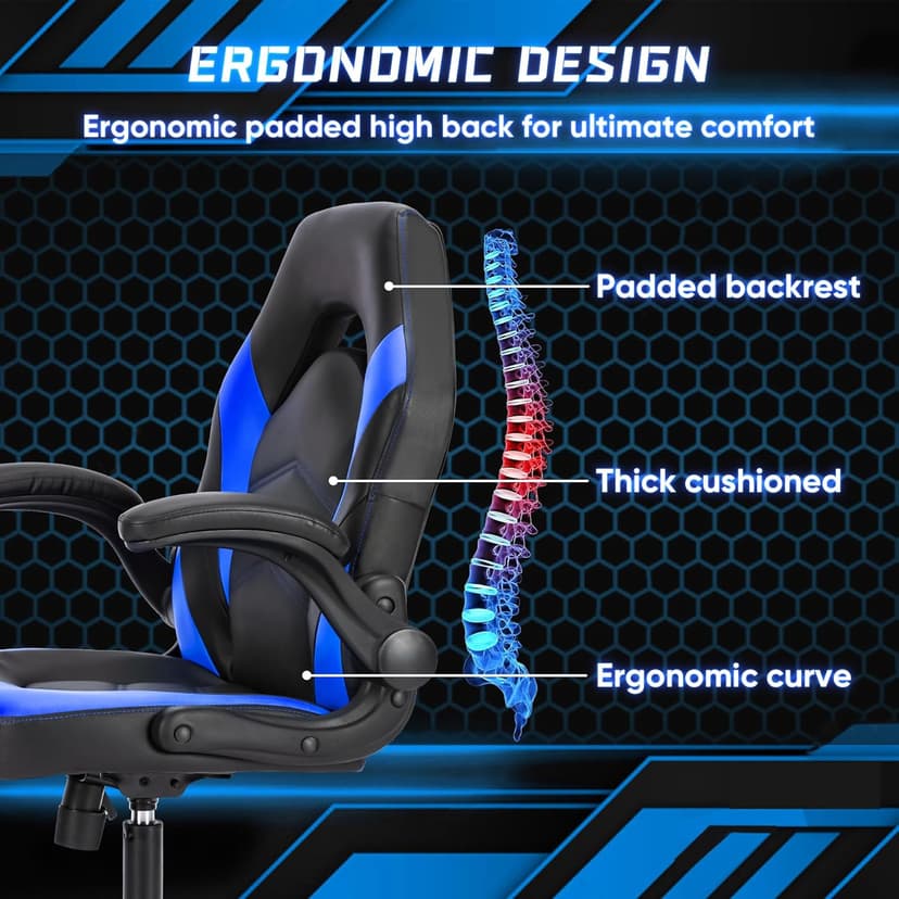 OLIXIS Computer Gaming Chair - PU Leather Ergonomic Lumbar Support with Flip-up Armrest and 360° Swivel Wheels, Height Adjustable Task Home Office Desk Video Racing, Black and Blue