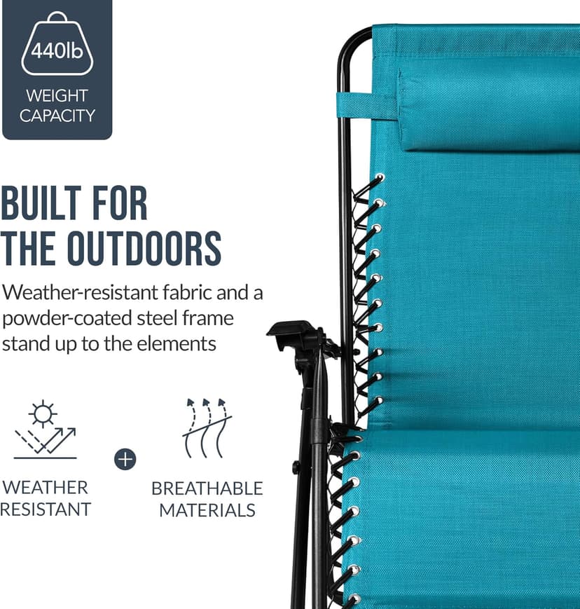 Best Choice Products Set of 2 Extra Wide Adjustable Steel Mesh Zero Gravity Lounge Chair Recliners w/Pillows and Cup Holder Trays - Peacock Blue