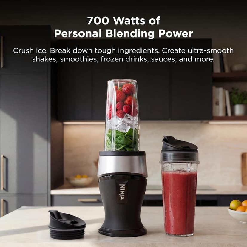 700-watt base blends smoothies, shakes & frozen drinks. (2) 16-oz to-go cups w/ spout lids. Dishwasher safe. Ninja Fit Compact Personal Blender, 700W, (2) 16oz Cups, QB3001SS B01FHOWYA2