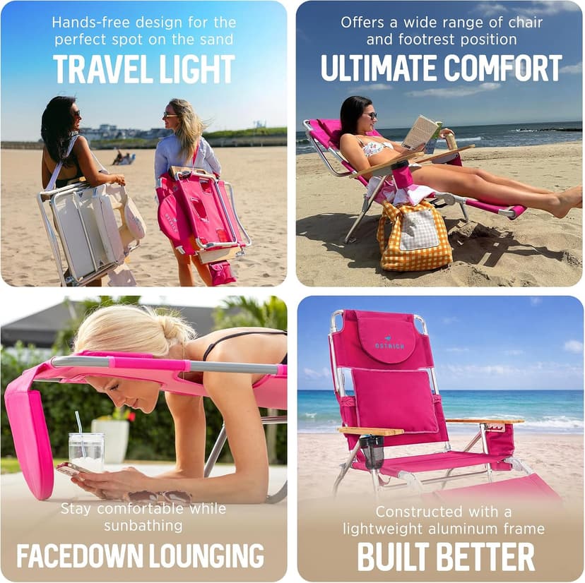 Ostrich the Deluxe 3N1 Lightweight Lawn Beach Reclining Lounge Chair with Footrest, Outdoor Furniture for Patio, Balcony, Backyard, or Porch, Pink
