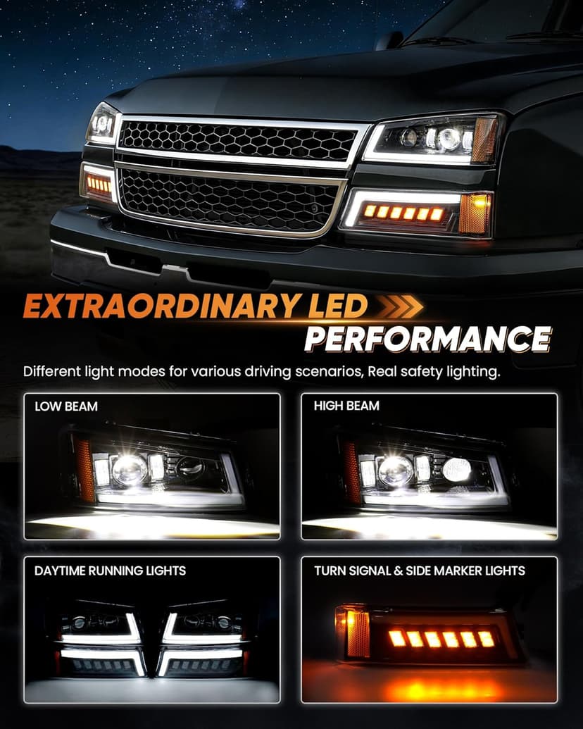 Z-OFFROAD LED Headlights Assembly DOT Approved with DRL Turn Signal Hi/Low Sealed Beam Side Marker Compatible with 2003-2006 Chevy Silverado Avalanche