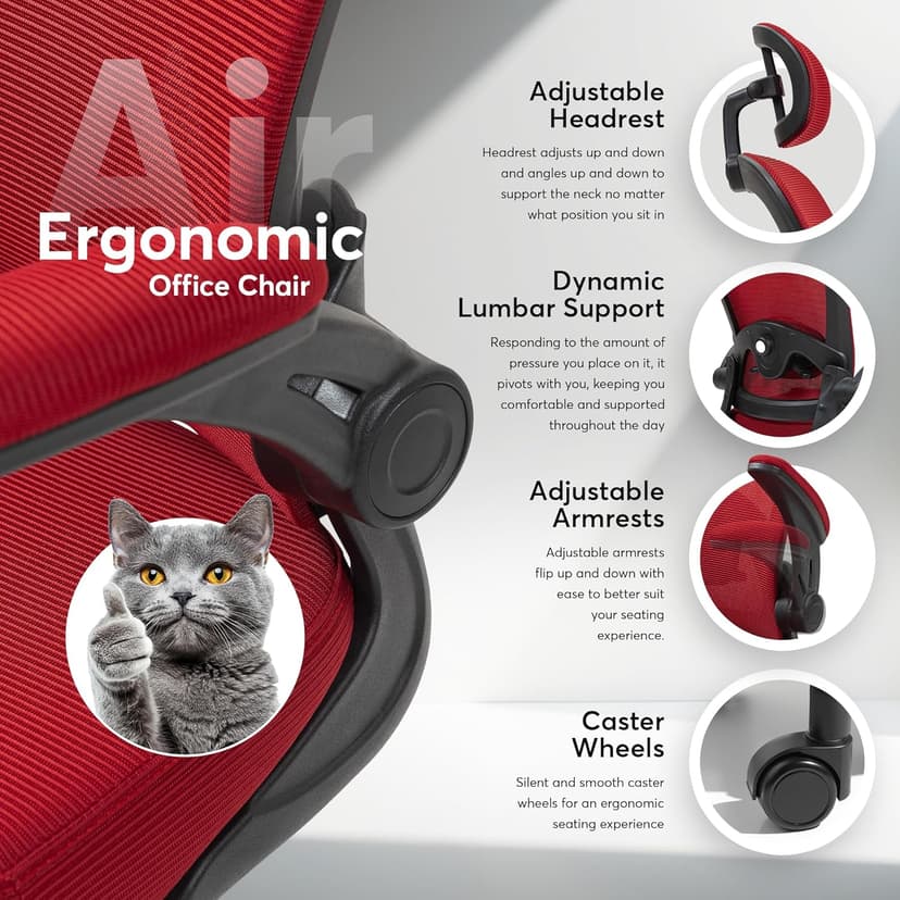 Oline ErgoAir Ergonomic Office Chair – Adjustable Lumbar Support, Flip-Up Armrests, Mesh Computer Desk Chair, Swivel Rolling Executive Gaming Chair for Home & Office (Red)