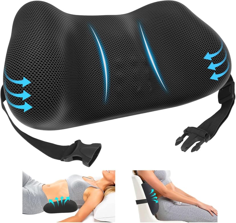 Lumbar Support Pillow for Office Chair, Memory Foam Lower Back Support, Ergonomic Lumbar Pillow with Adjustable Strap, Breathable Cover (Black)