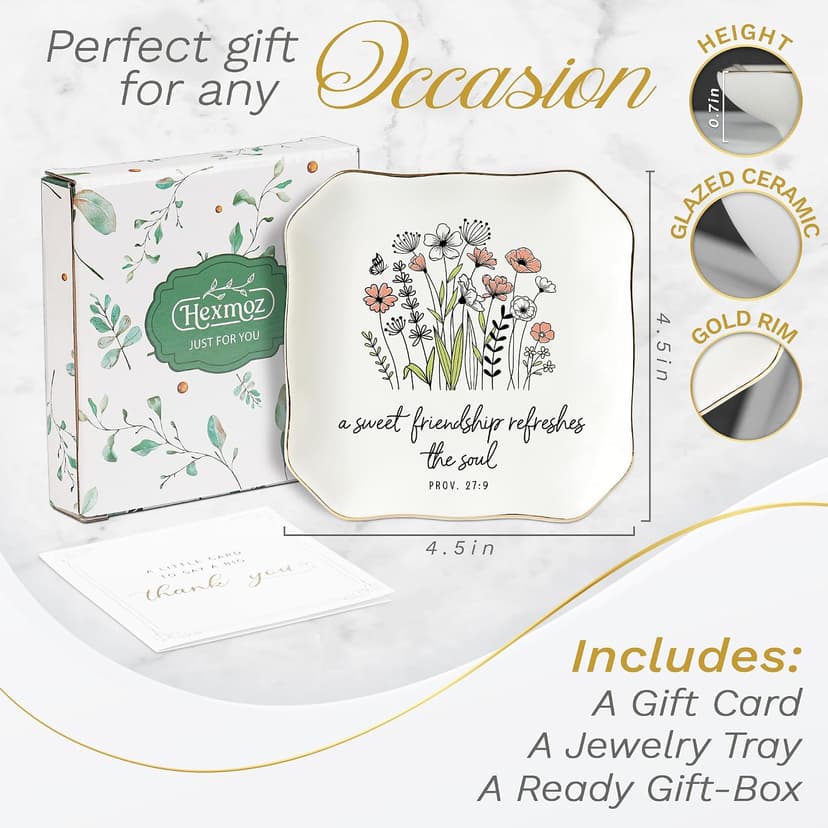 Soul Sister Gift for Women Christian - Sweet Friendship 4.5"X4.5" Floral Ceramic Jewelry Dish Tray - Tricket Dish HEXMOZ Friendship Gifts for Women Friends - Best Friend Birthday Gift Ideas B0FHHBVHR6