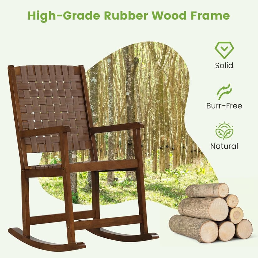 Tangkula Outdoor Rocking Chair, All Weather PU Seat & Rubber Wood Frame Porch Rocker, Safe & Smooth Rocking Motion, Ergonomic Patio Rocking Chair for Garden, Lawn, Balcony, Indoor (1, Brown)
