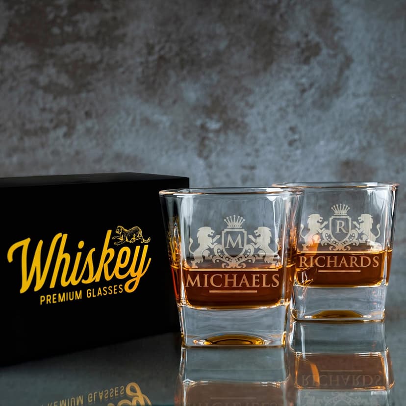 Amazing Items Set of 4 - Personalized Whiskey Glasses w/Name & Initial - 9 Designs - 9 oz, Limited Edition Monogrammed Rocks Glasses for Men, Dad Gifts