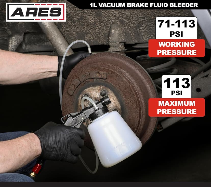 ARES 70923 - Vacuum Brake Fluid Bleeder - 1-Liter Vacuum Fluid Extractor - Hanging Hook and Locking Trigger Allows for Hands Free Operation