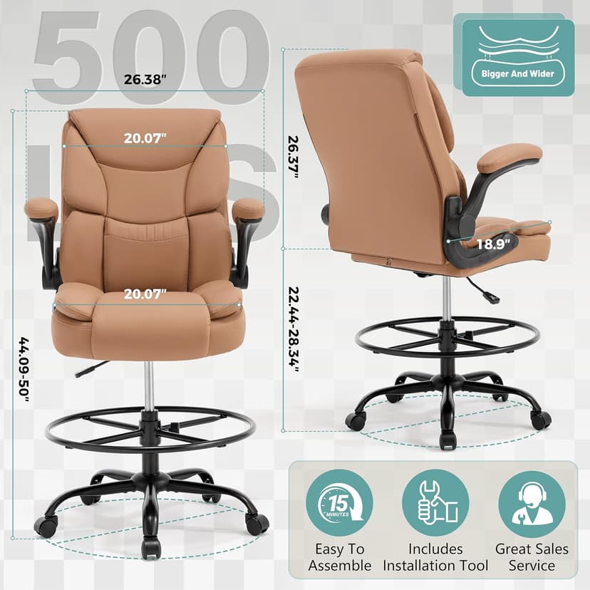 Ergonomic Drafting Chair, Tall Office Chair for Standing Desk, High Back Standing Desk Chair with Flip-Up Armrest, Adjustable Height&Foot Ring, Executive PU Leather Extended Height Office Chairs,Brown