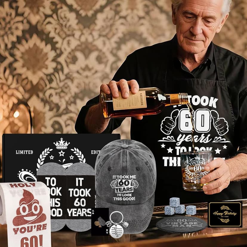 60th Birthday Gifts for Men Whiskey Glass Set, 60th Birthday Party Supplies with 11 Oz Whiskey Glass Coaster Stone Baseball Cap Apron Sock Funny Toilet Paper Keychain for Him, Dad, Husband, Friends