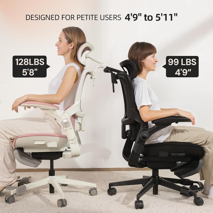 CabLady S2 Petite Office Chair for Women & Small Frames - 330lb Capacity, 4D Adjustable Lumbar/Headrest, Flip-Up Arms & Footrest, Ergonomic Desk Chair