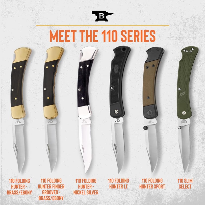Buck Knives 110 Folding Hunter Knife, 3-3/4" Blade, Lockback Design, Ebony Handle, Brass Bolsters, 420HC Stainless Steel Clip Point Blade, Sheath Included, Hunting Knife Made in the USA, 7.2 oz