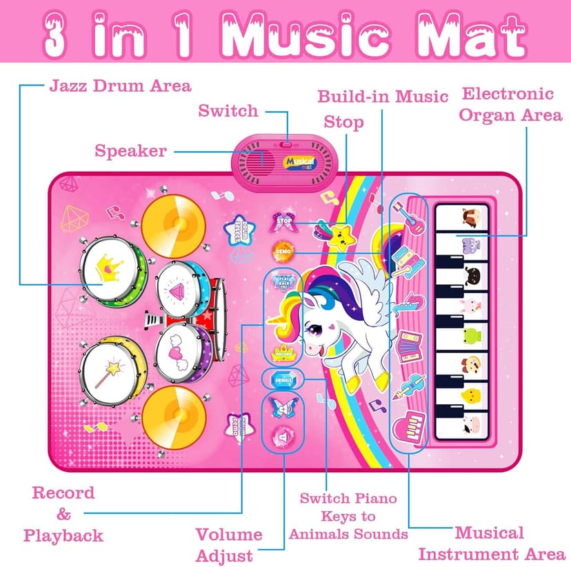 Piano Drum Animal Touch Unicorn Toy - Infant Musical Toy 12-18 Months Babies Birthday Easter Gifts for 1 2 3 Year Old Girls Toys for 1 Year Old Girl Gifts: 3 in 1 Baby Music Mat Toddler Toys Age 1-2 B0DBXXVQP3