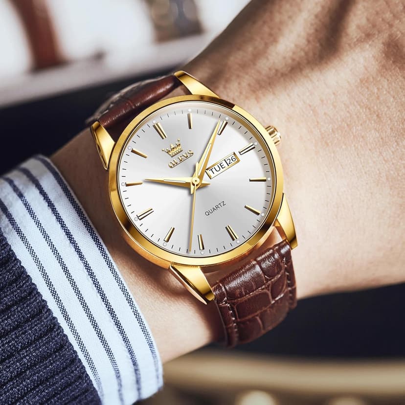 QBAIZI Men's Casual Leather Watch, Easy to Read Three-Hand Analog Stainless Steel Watches for Men, Minimalist Day Date Waterproof Luminous Mens Quartz Wristwatch