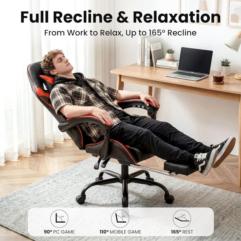 Gaming Chair, Ergonomic Computer Chair with Footrest and Lumbar Support, Height Adjustable Office Chair with 360° Swivel Seat and Headrest (Red & Black)