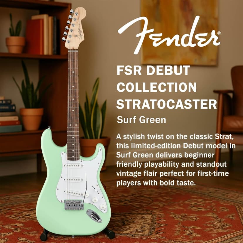 Fender Squier Stratocaster Electric Guitar - Surf Green Bundle with Amplifier, Gig Bag, Cable, Strap, Picks, and Austin Bazaar Instructional Video