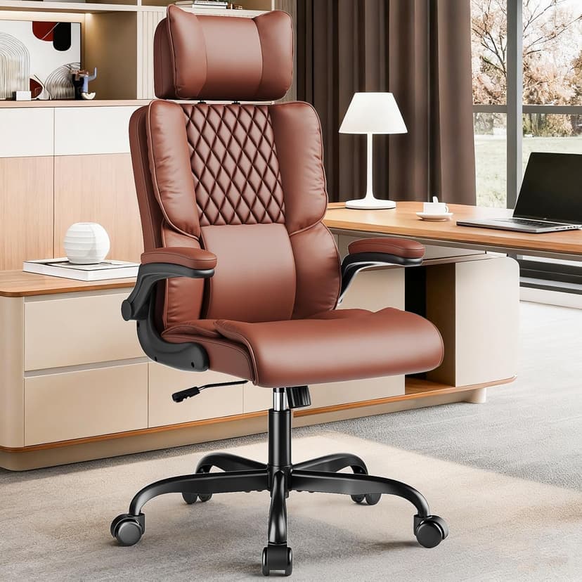 Sytas Executive Office Ergonomic Chair with Adjustable Headrest, PU Leather Desk Chair, High-Back Swivel Task Chair for Home Office, 135° Reclining, Brown
