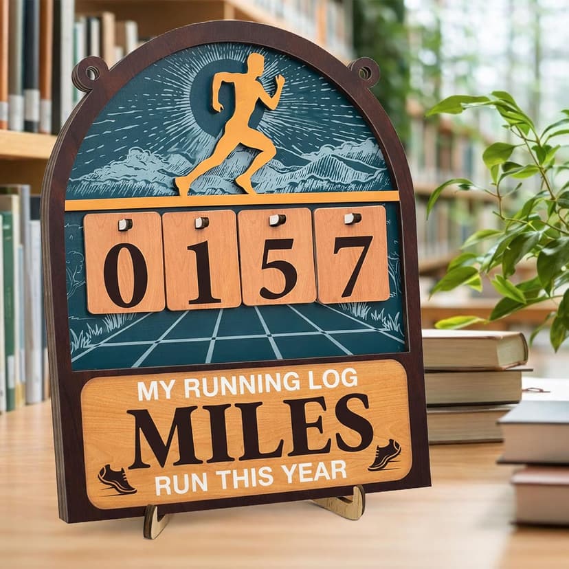 Wooden Yearly Running Log Counter Home Decor, Marathon Runner Gifts Miles Run This Year Tracker Sign Running Gifts for Runners Men Women B0GKP9JPVN
