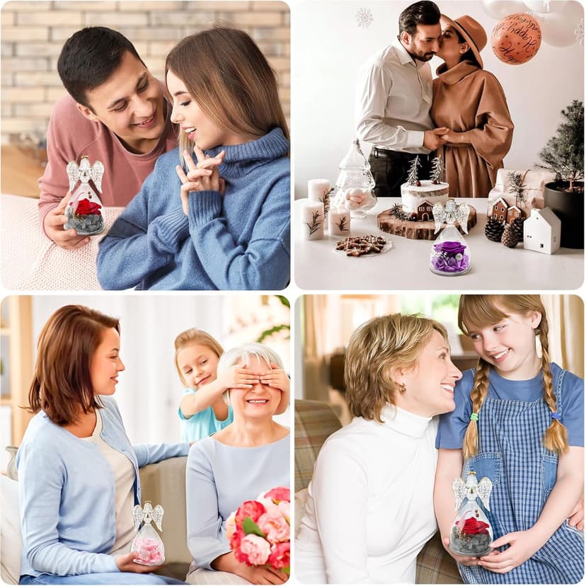 Miofula Preserved Flower Rose Birthday Gifts for Mom, Angel Figurines with Forever Real Rose Gifts for Her Mom Grandma, Unique Angels Gifts for Mothers Day Christmas Anniversary Birthday (Red)