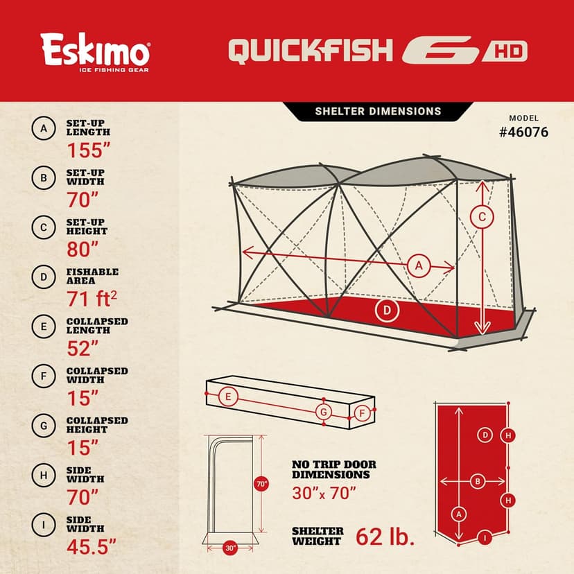 Eskimo QuickFish™ 6HD, Pop-Up Portable Shelter, No-Trip Door, Red/Black, Fully Insulated, Deluxe Ice Anchors, Six Person, Ice Fishing Shelter, 46076