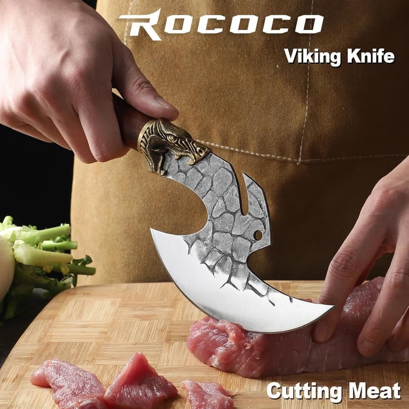 ROCOCO Viking Cleaver Knife Butcher Meat Cutting Boning Knife Hand Forged Chinese Kitchen Axe with Sheath Home Outdoor BBQ Camping Chirstmas Birthday Chirstmas Mother Father Gift Men