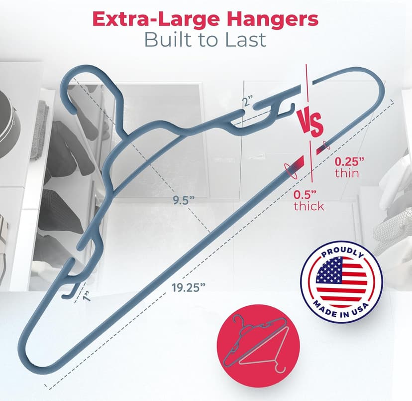 Neaties Large & Wide Heavy Duty Clothes Hangers 12 Pack – Made in USA – Ideal for Plus Size Clothing – 10lb Plastic Hangers with Notches for Oversized Adult Coats & Pants – Blue